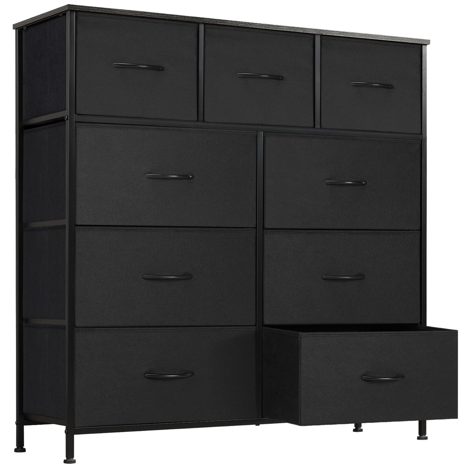 10-Drawer Fabric Dresser with Wooden Top for Bedroom Closets and Nurseries 39.5-in Storage Tower with 6 Large and 3 Small Non-Woven Drawers on an X-Braced Metal Frame 135-lb Countertop Rating with 2 Anti-Toppling Devices and Foot Pads